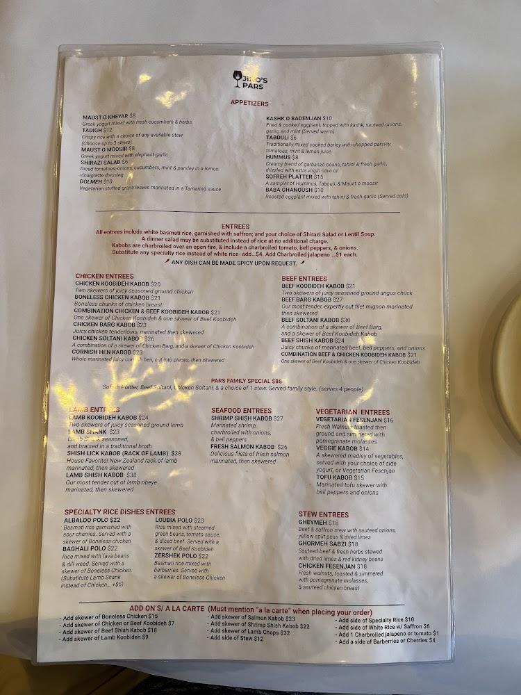 Jino's Pars - Persian restaurant Los Angeles Menu image 4